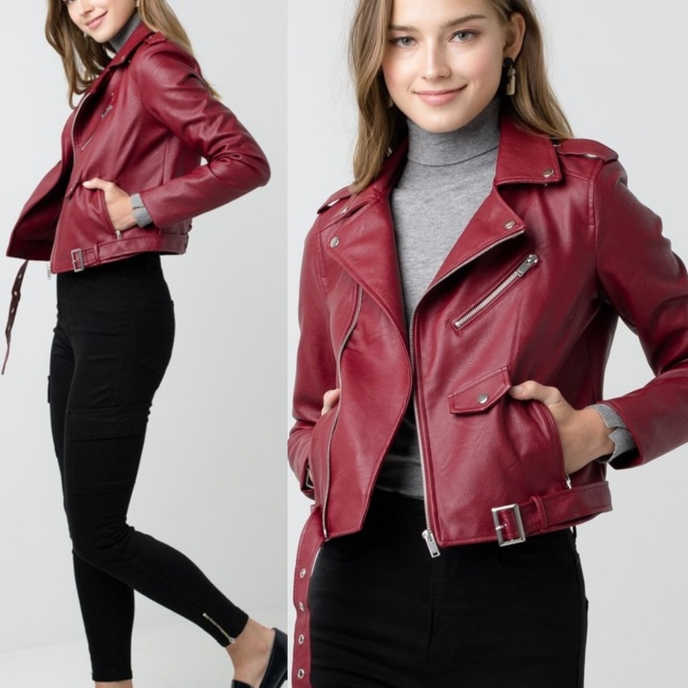 Faux Leather Jacket Red Moto biker - Picture 5 of 5
